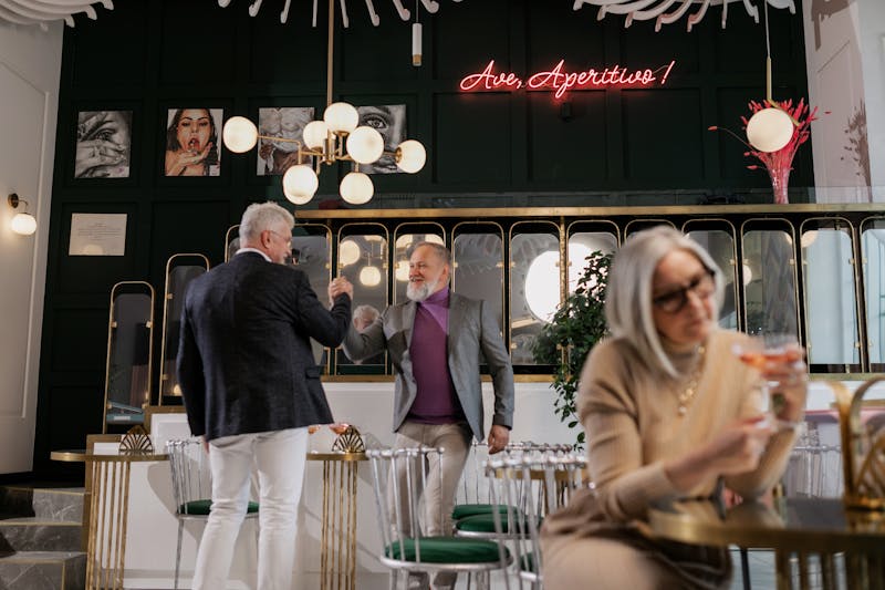 Modern bar and lounge area with ambient lighting